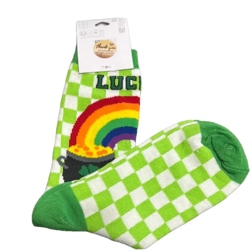 Clair's St. Patick's Day Green Checkered Socks with Rainbow NWT